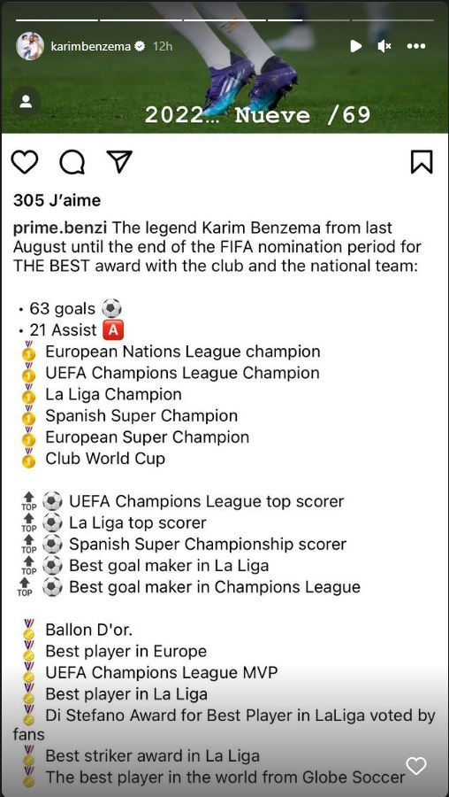 Karim Benzema a reacționat pe Instagram, după ce Lionel Messi a fost desemnat cel mai bun jucător al planetei la gala The Best